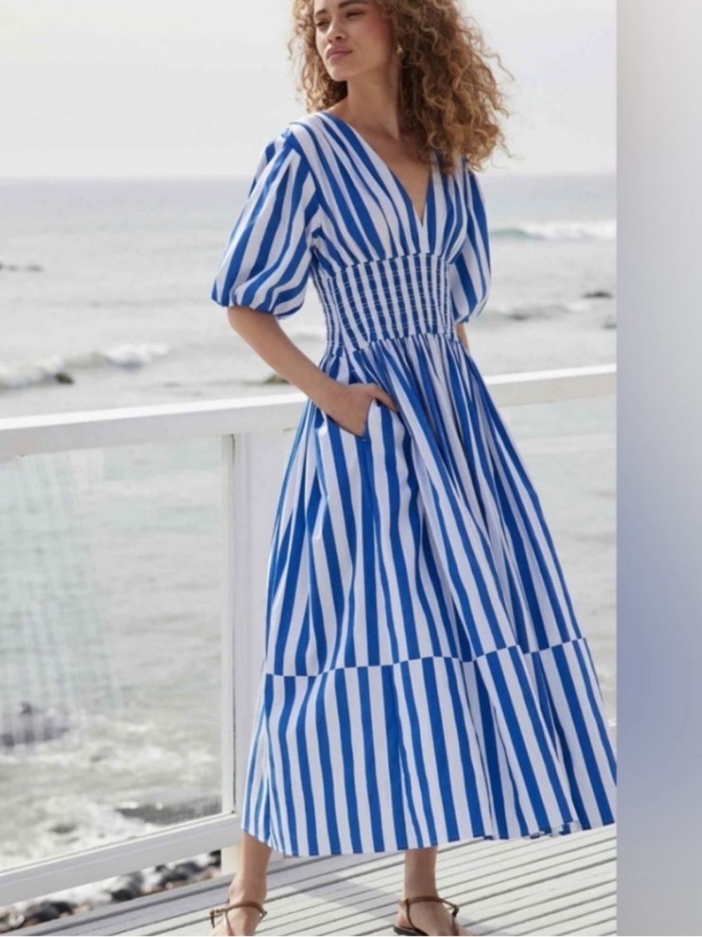 AYR The Extra Extra Puff Sleeve Midi Dress In Marais Blue Regatta Stripe Small